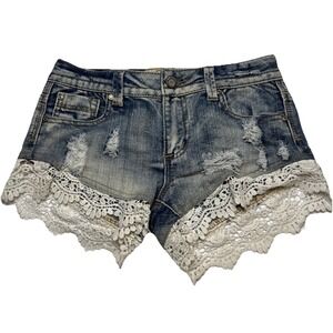 Hot Kiss Womens Distressed Denim Shorts Blue Crochet Lace Trim Low Rise Size 3